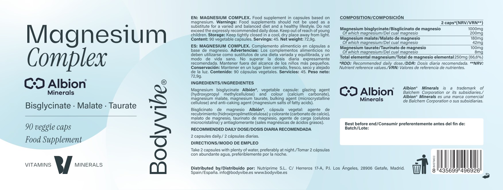 Etiqueta desplegada del Magnesium Complex de Bodyvibe: frontal, texto legal y tabla de composición